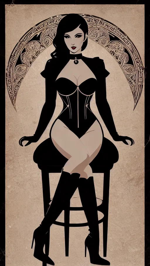 tarot card style image (((silhouette))), linoleum cut of a beautiful skinny (((flat chest))) 20 year old woman sitting on vintage chair on a cafe terrace in Paris, holding in front of her a small classic cup of espresso coffee, small chest, small hips (((silhouette of full female figure))), tarot card style, poster, perfect face anatomy, detailed female body anatomy, dressed in pvc corset and black pvc high heel over knee stiletto boots (((full body visible))), 8K, infographic, shematic, diagram, Gta San Andreas style, black color palette, bizarre art nouveau style, high heels fully visible, perfecly overknee placed leg, perfect details and anatomy of legs and shoes