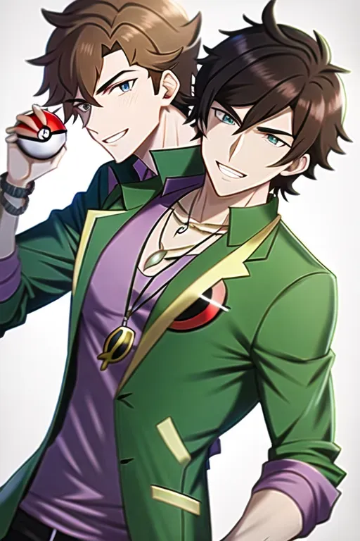 Brown haired male, Pokemon trainer, purple shirt, green jacket, black backpack, chain necklace, holding a pokeball