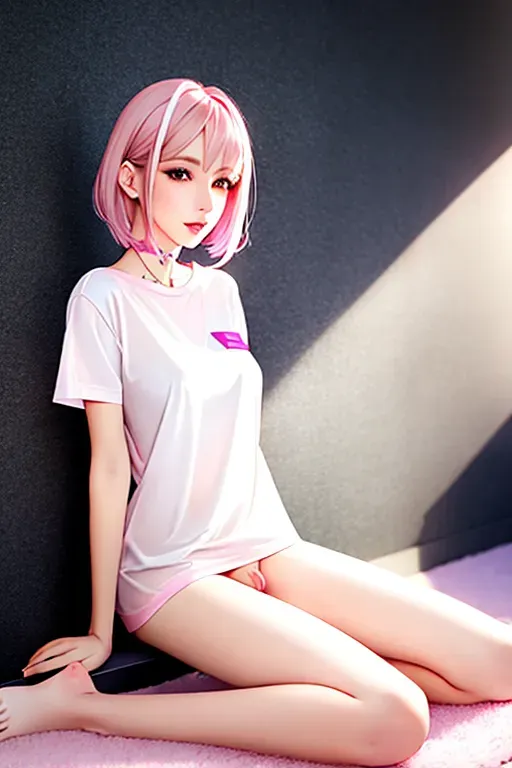 Trans, ultra feminine, thin, has long erect penis, has testicles, has scrotum, short straight pink hair, naked from waist down, white tee shirt, average tits, no bra, sitting on floor, legs spread open, submissive pose