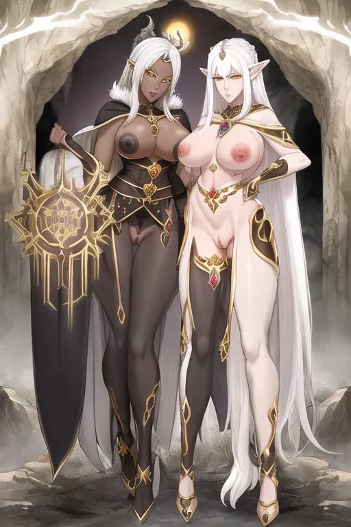 Dark elf, woman, white hair, sorceress, medium breast, tall, serious face, Cave background, cloak, exposed pussy, exposed breasts, yellow eyes, dark ebony skin, slim, gold crown, body tattoos, hairy pussy, nipples, leggings, full body, beautiful face, empress,