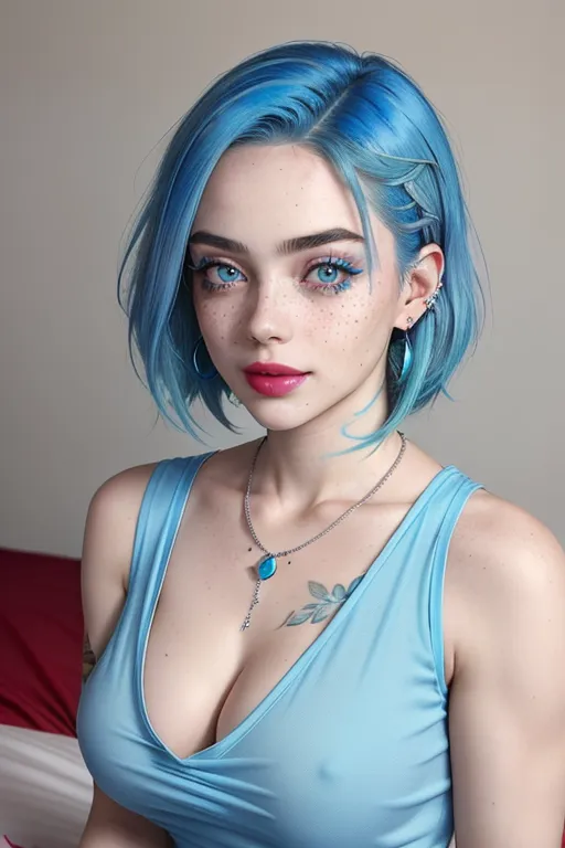 photo of,billie eilish,(((the most beautiful woman in the world))),(((the most beautiful sexy cute face))),(wearing makeup and lipstick),((freckles)),(tattoos),((very short messy blue hair)),(looking at camera),(((wearing sleeveless deep V shirt))),uncovered belly,((skinny body)),(skinny legs),perfect natural breasts,((on a bed)),((spreading legs)),(showing cleavage),(gorgeous face),(beautiful sensual smooth lips),beautifully detailed blue eyes,curved eyebrows,curved eyelid,imperfect skin,highly detailed,sharp focus,film style,natural lighting,happy,smiling,joyful,wearing necklace and earrings