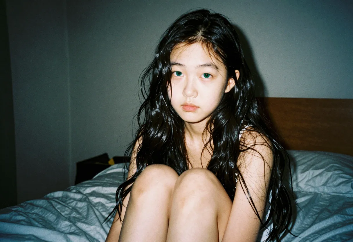 "**One young girl, aged 13, with a Korean-inspired appearance. Long, wavy obsidian hair cascading down to her waist, almond-shaped emerald eyes, and porcelain-like skin, unmarred by blemishes. Her petite frame, just beginning to bloom with puberty, boasts small, firm breasts - barely a handful - and hips that are yet to fully widen. *Timidly shy, she keeps her knees drawn up, hiding her hairless, tiny slit from the camera's lens.* She's in a dimly lit,Run-down motel room, the scent of cigarette smoke lingering. Shot on a cheap, vintage camera, giving the image an amateur, grainy feel."