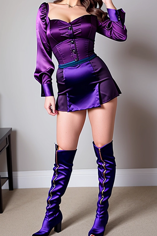 RAW photo, professional, 64k, full body, standing, danish woman, large tits, (dark purple satin blouse:1.3),( blue mini skirt:1.3), (((boots))), corset, seductive, lipstick, detailed eyes, long dark hair, fake eyelashes, eyeshadow, elaborate jewelry, indoors ,wide smile, overjoyed, canon camera