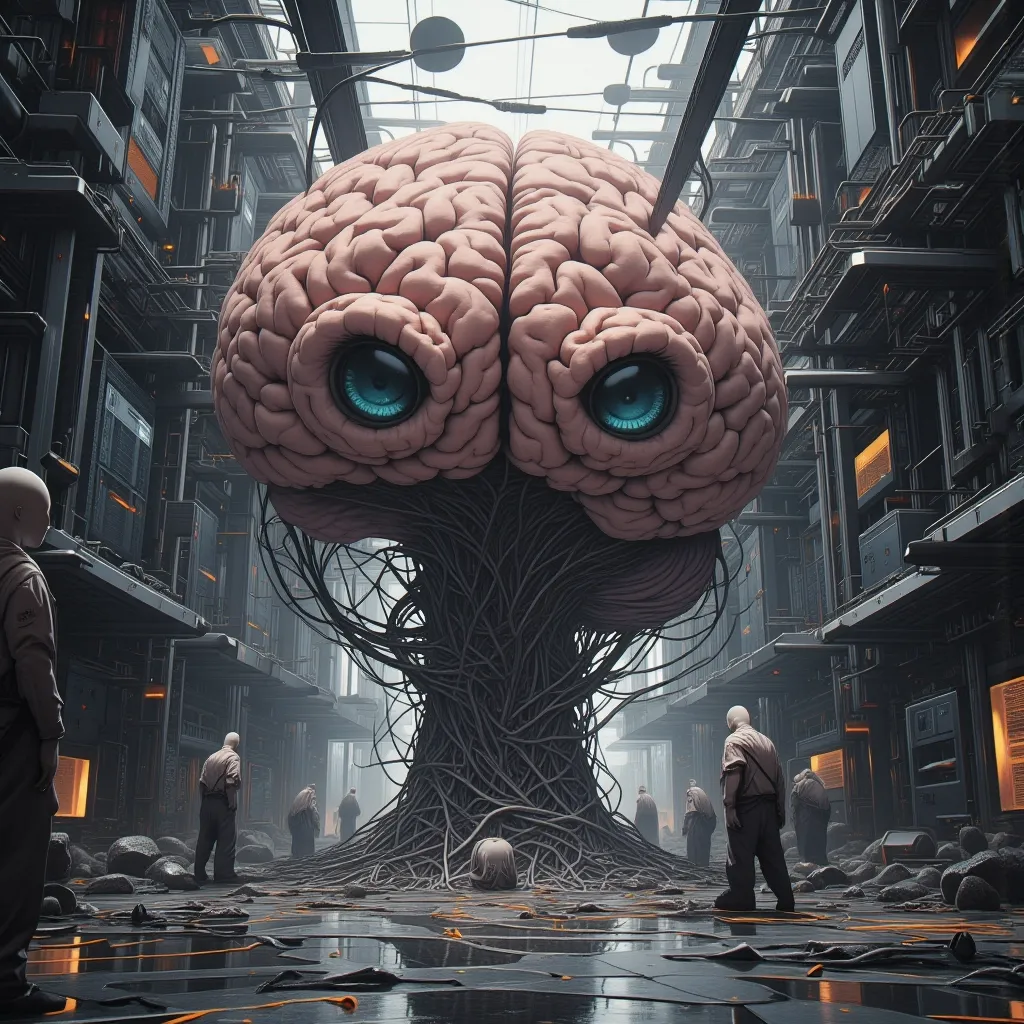 In the center of the room, a colossal human brain is intricately connected to advanced computers housed in the surrounding racks by millions of wires. This extraordinary brain possesses two eyes that fixate upon us with astonishing precision, captured in a painting with unparalleled detail and resolution at 64K. There are two alien scientists who are examining the brain.