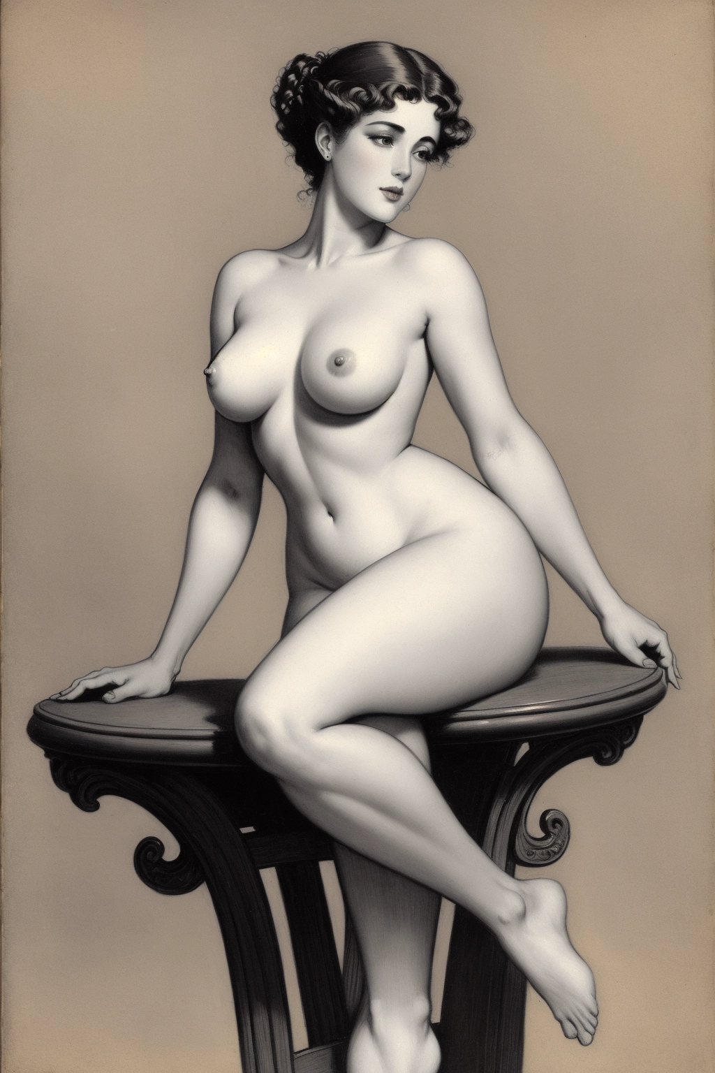 masterpiece, (((erotic art illustration in the style of a painting by Charles Dana Gibson))) of a Gibson girl, nude, ((full-body image)), hair in up do, natural pubic hair, legs spread, pussy
