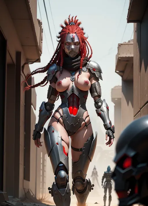 human and robotic hybrid assassin bot, sexy cyborg, dark highly detailed armor with battle scars, blood red hair in dreadlocks, advanced weaponry, zoftig female figure, sexy and deadly, hair exposed, skull jaw mask, inspiring fear and desire, post apocalyptic background, diffused lighting with heavy shadows, full body view from head to feet, nipples and pussy outlines showing on armor.