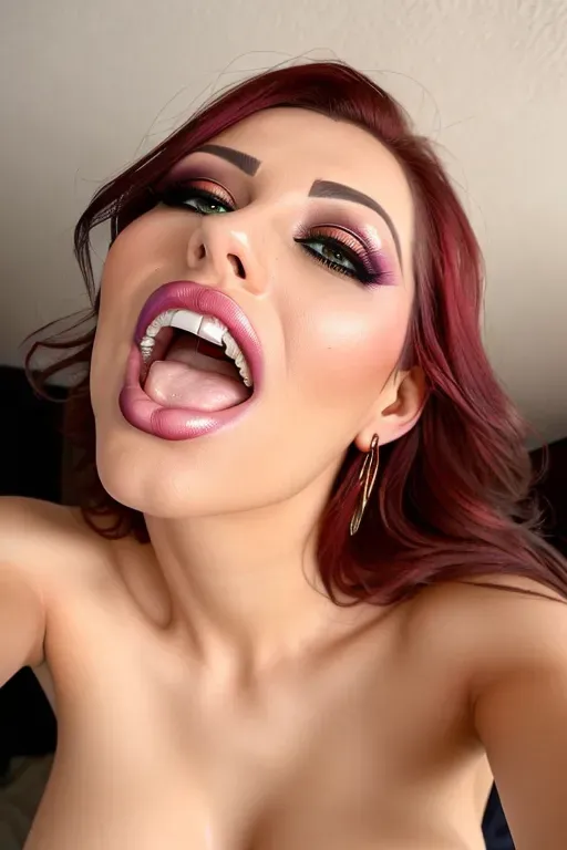 a 64k high detail low level selfie photograph taken at a high angle extreme closeup full color close-up color photography extreme full-color selfie close up photo of the lips of a gorgeous, Arabic woman, (hair hanging downward framing face), (pov looking up)(pov lips), (fov hair draping left top and side of selfie)(obscured view of bedroom ceiling),full makeup, beautiful eyes, sultry lips, perfect teeth,single row of teeth in upper mouth, (orgasming expression),(climaxing expression), (expression of intense sexual pleasure), (o-face), (sexually aroused), (sexually excited),