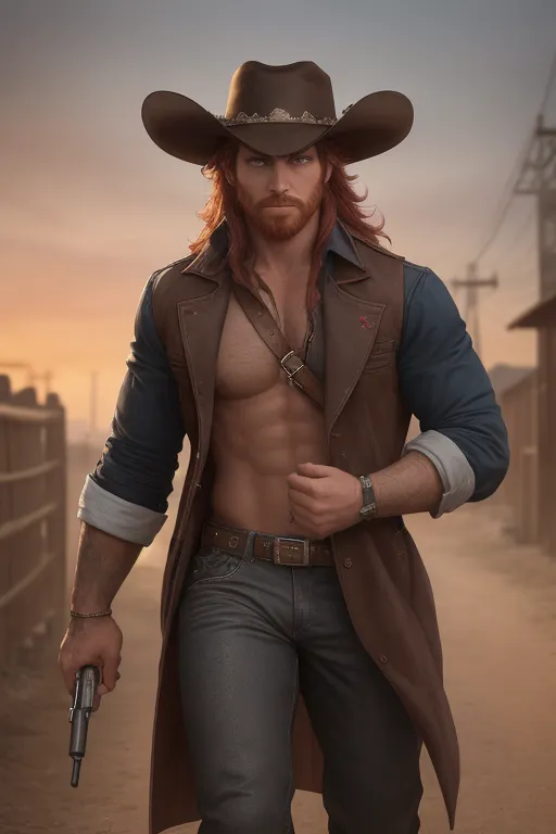 Wild west, Badass cowboi, black cowboi hat with red band and a feather, medium red hair, sharp blue eyes, strong facial features, red beard, fit, muscular, wearing a long trench coat, black shirt, holding a chrome 44. Revolver, gun holster on hips, black pants, walking away from the sunset, high definition, 4k quality, excellent lighting, great shading, pristine detail, very clear picture, accurate at lower promp guidence, five fingers per hand.