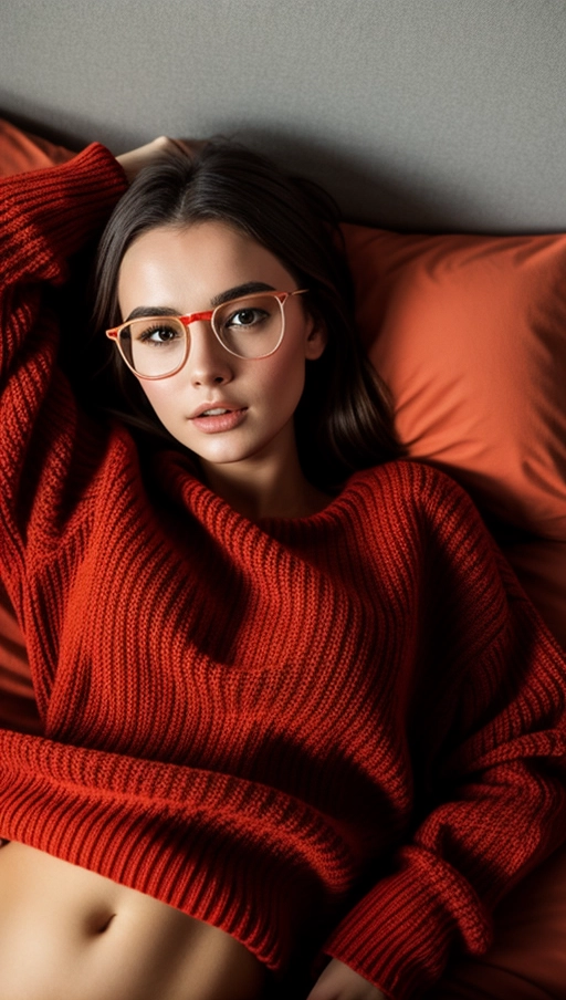 A young Czech woman, lying down on back, in bed, small, oval face, freckles, pair of glasses, dark hair with a red colored highlights, very thin chest, oversized sweater, charming, (flashing nipples), sluty, tights