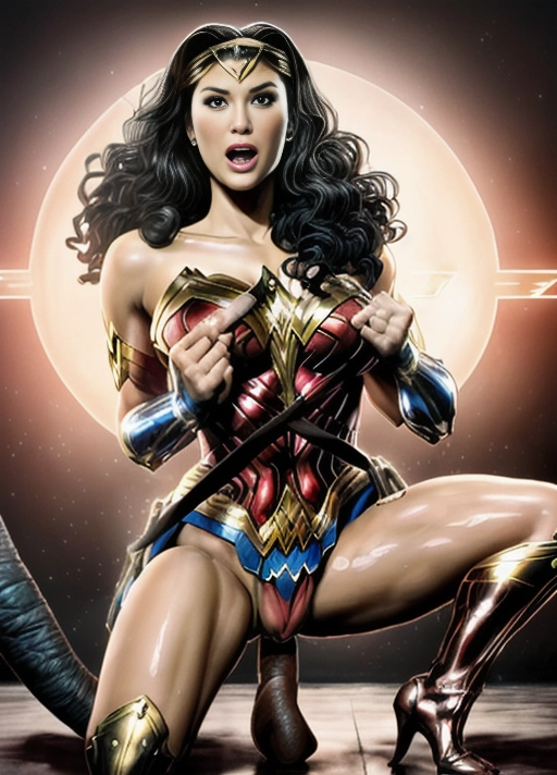 An erotic explicit depiction of ((Wonder Woman getting fucked by a huge black penis)) of a ((big black man)) as she sits on it with her legs wide open
Wonder Woman has tears in her eyes she looks tightened
Her mouth is open as she gasps for air from the size of the huge cock
There is (((cum oozing along the thick cock and cum inside her thighs)))