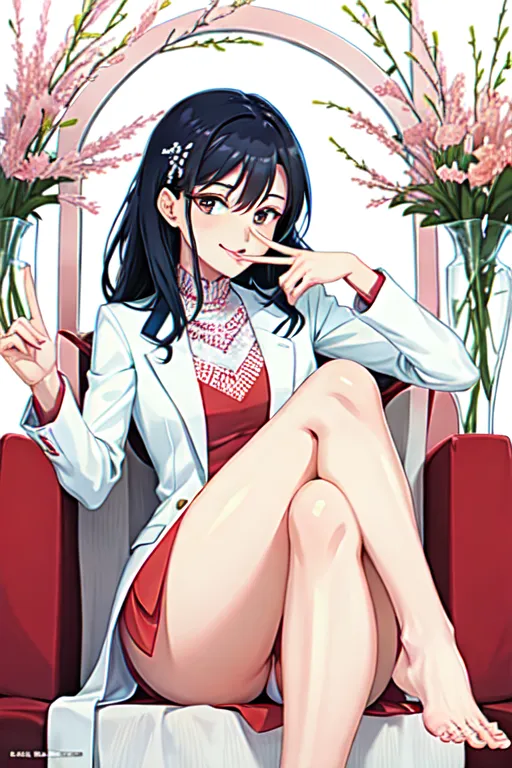 a woman licking the finger tip of her index finger just before turning the page of a magazine, sitting with her legs crossed and dangling a wedge off her toe, the arch of her foot is accentuated by the manner in which her legs are crossed