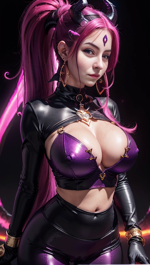 best quality, (((ultra high res))), (((detailed face and eyes))), (perfect face), big shining heart choker, earrings, jewelry, (((big glowing succubus mark))), ((((big glowing succubus bodymark)))), (((conjuring))), (witch), ((long voluminous hair)), (((black gloves))), ((pink hair)), straight hair, (((golden bracelet))), ((single ponytail)), (((huge hair cuff))), ((skintight neckholder crop top with low neckline)), ((face closeup)), purple, (burgundy red lipstick), (((neckholder top with low neckline))), ((((dark demon tail)))), ((long sleeves)), ((purple glowing heart)), (((big cameltoe)))