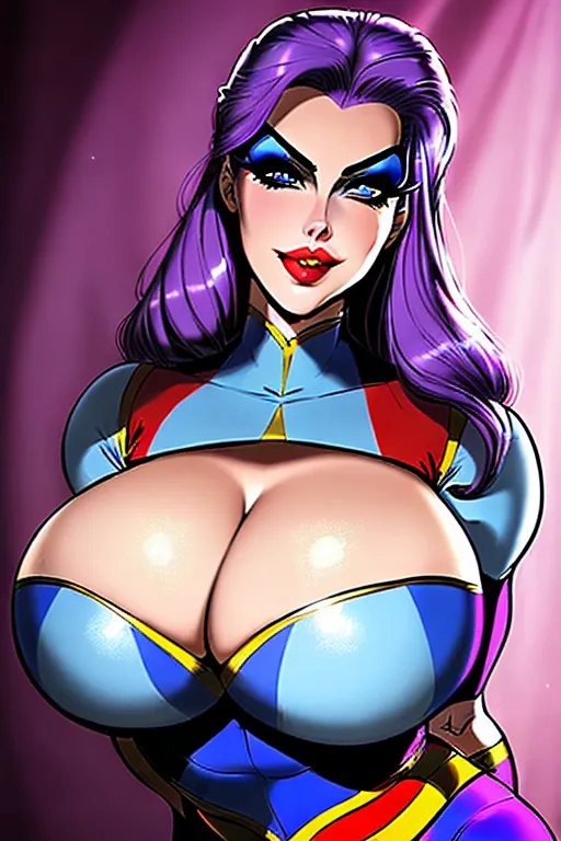 A 25 year old female superheroine, beautiful round face, large eyes, seductively smiling, large breasts, dressed in a sexy circus costume, circus makeup, long purple hair. Pale Blue eyes, comic book style