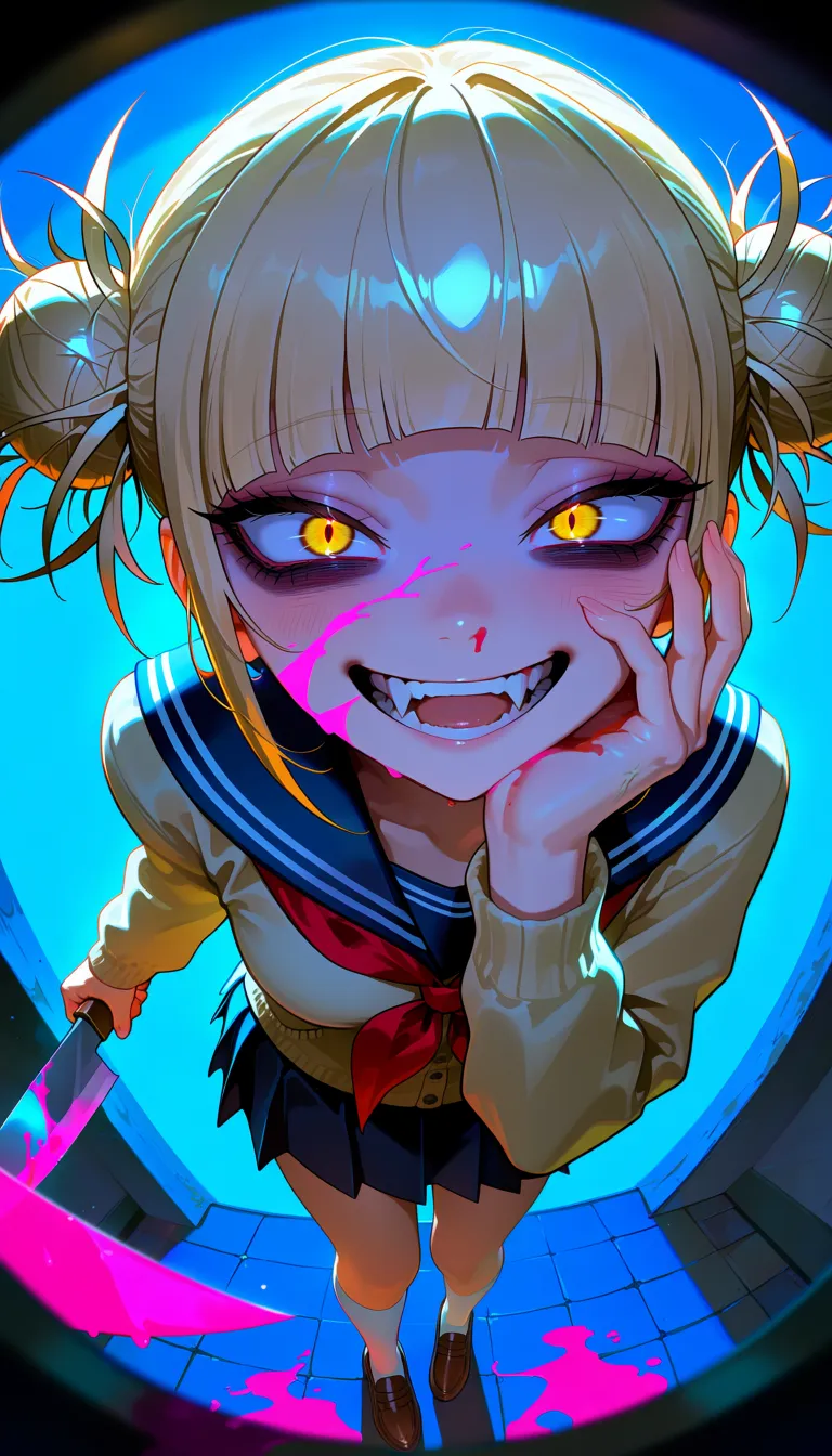 masterpiece, best quality, score_7, absurdres, @ntrmixstyle, 1girl, toga himiko, yellow eyes, solo, hair bun, blonde hair, double bun, crazy smile, holding knife, knife, school uniform, open mouth, smile, blood on face, fangs, sailor collar, serafuku, looking at viewer, skirt, hand on own cheek, neckerchief, blood, teeth, messy hair, long sleeves, red neckerchief, pleated skirt, blue sailor collar, cardigan, bags under eyes, blue skirt, crazy eyes, yellow cardigan, from above, brown footwear, fisheye, shoes, slit pupils, loafers, short hair, yandere, blunt bangs, pink blood, weapon, :d, blood on weapon, breasts