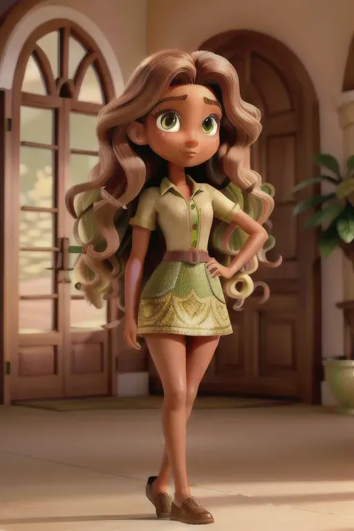 5 foot 6, skin Olive tone sun-kissed, Eyes Deep hazel with green and gold hints, Hair Luxurious chestnut brown, wavy hair, Arched eyebrows, high cheekbones, refined nose, Naturally full lips rosy tint, Graceful toned body, feminine curves, 30 years old
