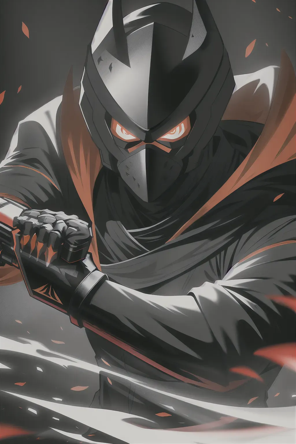 Ninja, full face mask, black, glowing orange accents, with a sword, male, 8k wallpaper, best quality, ultra hd, global lighting, hi-resolution, high quality, highly detailed, in a dark forest