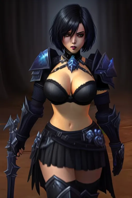 world of warcraft, fantasy human female death knight, short black hair, large breasts, black armored bra, black kilt, black skirt
