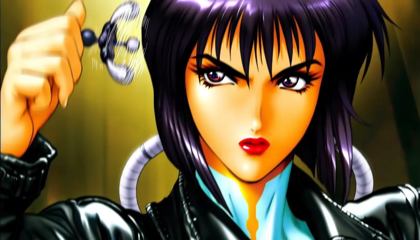 @shirou masamune, source_anime, Ghost in the Shell (1995),
photograph, 8K. cinematic shot, ARRY FLEX camera, deep colours, depth of field, RAW, highest quality, ultrahigh resolution, view in three fourths, eye level,
cinematic, background blurred, vintage yellow tint, film grain,
dramatic lighting,
Motoko, cybernetically augmented body, two symmetrical rows of cable ports on back of the her neck, brow makeup, eyebrows contoured, straight face, serious and mysterious look,
portrait, detailed face, facial features clear, crisp, skin texture, hair, skin pores, highly detailed, full lips, eyelashes, eyebrows, nose, chin, cheeks, ears,
This photograph captures a medium shot of a woman with fair skin and dark, bobbed dark purple hair. She has dark, expressive light purple anime eyes accentuated with eyeliner and wears bright red lipstick.
She holds a fidget spinner in her hand, rotating fidget spinner, motion blur, motion lines. She gazes at it with puzzled look, she wears a black sleek leather trenchcoat of a cybernetic white bodysuit, futuristic body armor. The image has a vintage, cinematic feel.
Overall retrofuturistic cyberpunk mood and atmosphere