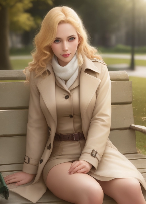 photography, photograph, realistic beautiful blonde woman, early thirties, sitting on a park bench, blurry background, wearing a sassy trench coat, german, irish, semitic, high cheek bones, flirting smile, prominent jaw