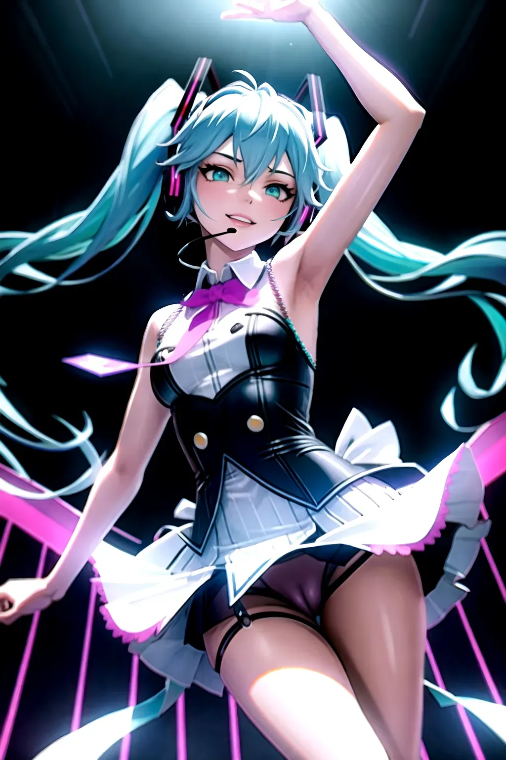 In the style of Vocaloid, envision a captivating scene where (normal-HatsuneMiku), the virtual idol, dances gracefully amidst the vibrant ambiance of an arcade club. The club is alive with (neon lights), and the energetic beats of music reverberate through the air. HatsuneMike movements are (mesmerizing1.2) as she (effortlessly sways to the rhythm), captivating the audience with her enchanting performance1.3. The atmosphere is (electric), and the onlookers are drawn to her like moths to a flame. The arcade machines add a playful touch, contributing to the overall (energetic1.2) and (exciting1.2) atmosphere. The scene portrays a fusion of modern technology and digital artistry, showcasing the magic of the virtual (world1.3.) It is an immersive experience that transports the viewers into the realm of Vocaloid, where the boundaries of reality and virtuality blur. Trending on Pixiv.,
(Happy face), (normal-motion), (normal-pixie-sexy-super-model), ((normal-DOA5)), <(normal-HatsuneMiku-Japanese-girl-uniform-panties-clothing)>, <(normal-iris)>, <(normal-mappa-pupil)>, <(normal-Vitreous)>, <(normal-arm-hand-finger-thumb-strict-sync-interaction2.1)>, <(normal-HD-leg-feet-toe1.1)>, <(normal-soft-(b)-cup-boob)>, <(normal-HD-camel-toe-anal-ass-nipple-lips-eyebrows)>, <((Normal-long-turquoise-Twin-Tails))>, <(normal-De-blur-noise)>, <(normal-sharpen)>, <<masterpiece>>, ((lora:dpmg_translucent_skin:1.3)), <<((clean-line-work))>>, <(HD-dark-shading)>, <(normal-global-illumination)>, <<((rule-of-thirds))>>, <(portrait)>, (hyper-realistic), (detailed-post-processing), (unreal-engine), 8k, (octane-render), (unreal-engine 5), (Studio-Mappa), (Studio-Trigger), (3D-Disney-Princess Elsa), (porn hub),
<<(Fix-super-precise-normal-adjust-background-objects)>>, <<(Fix-super-precise-normal-detailed-texture-global-illumination)>>, <<(Fix-super-precise-normal-adjust-adept-body-(adjust-adept)-interaction)>>, <<(Fix-super-precise-normal-fused-betwixt-bodies)>>, ((Fix-super-precise-normal-clean-line-work)), <<((Fix-super-precise-normal-adjust-adept-Japanese-girl-uniform-miniskirt-twin-tails-headset))>>, <<(Fix-super-precise-normal-soft-b-cup-boob-nipple)>>, <<(Fix-super-precise-normal-arm-hand-finger-thumb-(adjust-adept)-interaction)>>, <<(Fix-super-precise-normal-leg-feet-toe)>>, <<(Fix-super-precise-normal-purple-eye-face)>>, <<(super-fast-adjust-adept-motion)>>, <<((Fix-super-precise-normal-adjust-adept-motion))>>, <<((strict-GOP))>>, <<(temporal-AQ)>> <<(b-frames-two.)>>, <<(reference-frame-two.)>>, <<(((Fix))-((all))-of-the-((above)))>>, <<<(((single pass)))>>>, <<<((((Double-Pass))))>>>, <<((Fix-super-precise-(normal)-arm-hand-finger-thumb-(adjust-adept)-fast-sync-motion-interaction))>>,