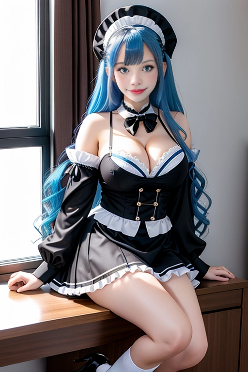 long hair, pale skin, bright blue hair, brown eyes, black choker, giant H-cup breasts, wavy hair, maid uniform, smiling, full body photo, 28 years old, miniskirt, cleavage, high heels