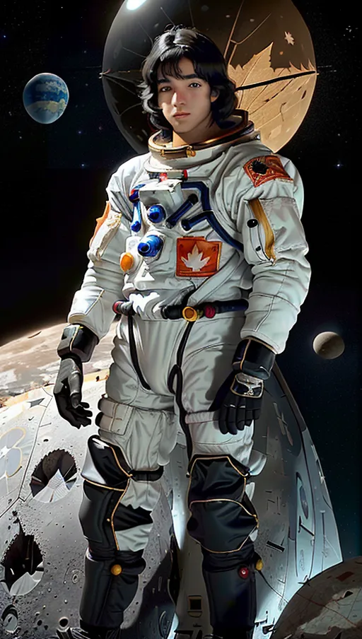 ((Canadian) astronaut ((young Marc Garneau)) standing on the moon,
(Black hair, Highly detailed accurate lifelike facial features),
(Good face), brave, gentle smile, intelligent,
(Highly detailed accurate Canada Maple Leaf flag) on upper arm of space suit,
with (highly detailed accurately coloured globe earth) suspended in space behind him,
((Highly detailed highly accurate Apollo lunar module in background)),
Highly detailed, highly accurate, absurdres,