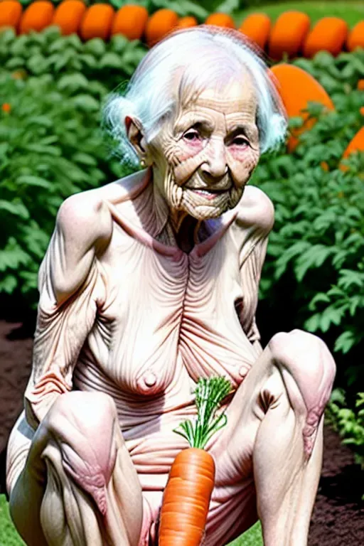 (great grandmother), naked, (80 years old), (wrinkled body), skinny, nude , outdoors, garden, (squatting ), (masturbating) , sitting on carrot , showing pussy, (peeing)