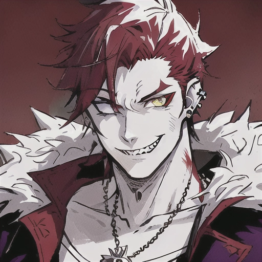 solo male, hunter,Cunning Eyes , jagged sharp teeth, Feisty look, pet chain collar spiked around neck,dagger ear piercings, cauasian white guy, fluffy purple jacket, heterochromia green yellow eyes, wolf animal eyes, plain white shirt, auburn antenna spikey hair disney prince messy shortish antenna length , male guardian of the earth , teen wolf, bloody, psycho look in eyes, grinning, smiling , blood , school clothing, auburn hair, bright eyes , heterochromia, no facial hair, background paint spots creative ,masterpiece, digital art masterpiece, colorful, paint splashs in background , <lora:dc_marvel_v1:1>