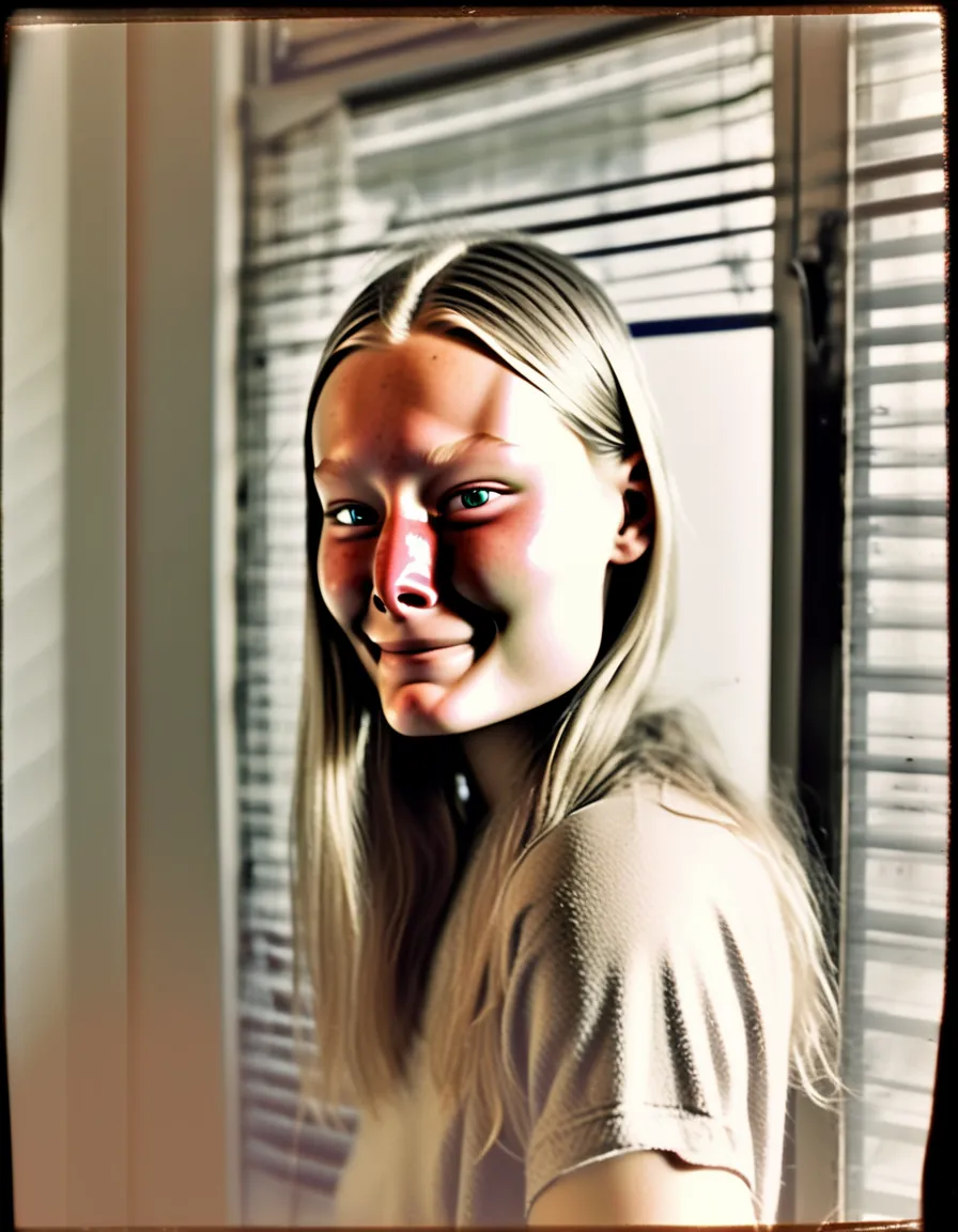 A photo featuring a nude 18 year old slender woman with blonde hair, and very small breasts, Candid snapshot, poorly framed, extreme heavy film grain, standing backwards and leaning against a windowsill. harsh flash photography, deep ink-black shadows, blown-out highlights, blurry motion, shaky camera, found footage aesthetic, lofi, vintage 1990s polaroid style.