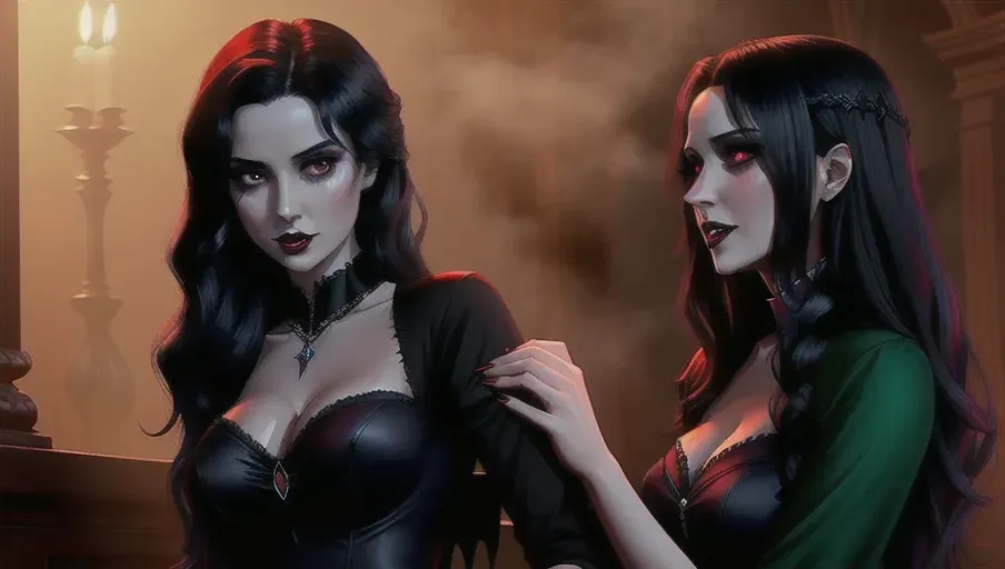 two figures in a dark and foggy goth club, an evil sexy sensual female black haired vampire woman having hypnotized her victim, is groping and biting innocent light reddish-auburn hair good girl mid-twenties Anna of Arendelle in a modest soft green gown.