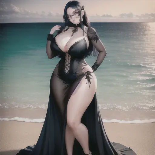 wide shot, 20 year old, a gorgeous gothic girl, thicc, goth clothes, black, beach, night, natural light, happy, 8k, professional