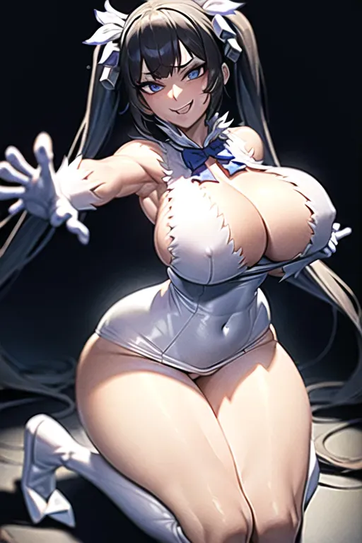 ((masterpiece,best quality, highres, 1girl)), ultra-detailed, detailed hair, (beautiful detailed eyes:1.6), extremely detailed face, perfect lighting, extremely detailed CG, (perfect hands,perfect anatomy), hestia (danmachi),large breasts, long hair, blue ribbon, twintails, gloves, ribbon, dress, rei no himo, large breasts, blue eyes, black hair, white gloves, cleavage, white dress, hair ribbon, bow, sleeveless, sleeveless dress, bangs, cleavage cutout, hair ornament, bowtie, clothing cutout, very long hair, covered navel, arm ribbon, <lora:dpmg_hestia:1>, kneeling, hands on breasts, (smirk,open mouth:1.3), open dress, nsfw, futanari, trans girl, large dick
