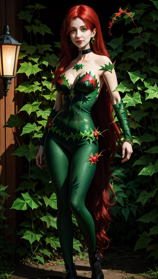 best quality, (((ultra high res))), (big choker), earrings, jewelry, (((bracelet))), lipstick, ((((poison ivy)))), red long hair, green leafs, bright green glowing eyes, tendrils, full body image