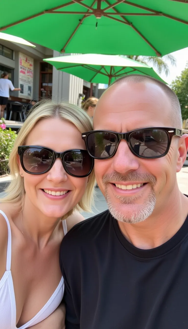 Selfie of a man and woman in their early 50s, both wearing sunglasses, on an outdoor patio with green umbrellas. She is blonde mid length hair milf smiling at the camera, while he has balding very short hair, a clean-shaven face, and a goatee. He is wearing a black t-shirt and a white tank top, with a restaurant background