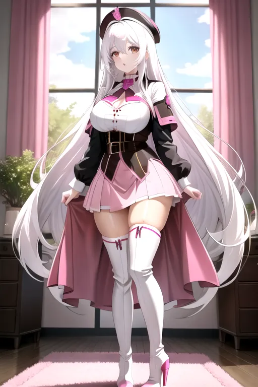 long hair, white hair, brown eyes, pink miniskirt, giant breasts, looking at viewer, in living room, high heels, pale skin, thigh high boots, cleavage window