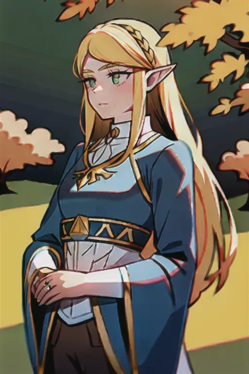 <lora:dpmg_princess_zelda:0.8>, 1girl, bangs, blonde hair, breasts, bridal gauntlets, closed mouth, expressionless, from side, green eyes, highres, jewelry, long hair, long sleeves, nintendo, outdoors, own hands together, pointy ears, ring, small breasts, solo, standing, the legend of zelda, tree, triforce print, upper body, blue shirt and black pants