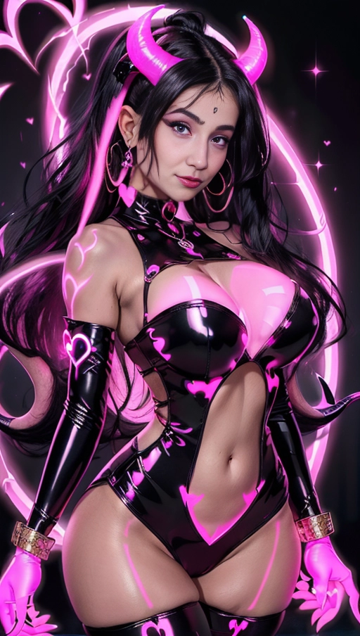 best quality, (((ultra high res))), (((detailed face and eyes))), (perfect face), (big shining heart choker), earrings, jewelry, (((big glowing succubus mark))), ((((big glowing succubus bodymark)))), (((conjuring))), (witch), ((long voluminous hair)), (((gloves))), ((black hair)), (((golden bracelet))), (((huge hair cuff))), (((pink skintight neckholder dress))), (((pink glowing dress))), ((face closeup)), (lipstick), (((neckholder))), ((((demon tail)))), ((black long sleeves)), ((purple glowing heart)), (((big cameltoe))), (((demon mark))), heart on womb, (((((bright pink glowing skin tone))))), (((straight black hair))), ((pink glowing clothes)), ((huge boobs)), ((luminescent))