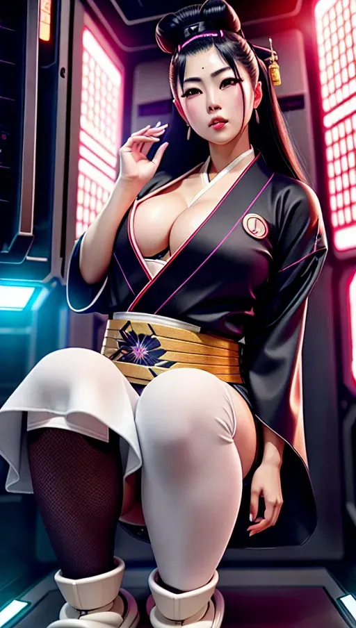 a photograph of,ai uehara,wearing kimono,squatting,in the space station,big breasts,five fingers per hand,beautiful face,beautiful lips,curved eyebrows,curved eyelid,smooth skin,joyful,tattoo,artstation,ultra realistic,surreal,cinematic lighting,studio lighting