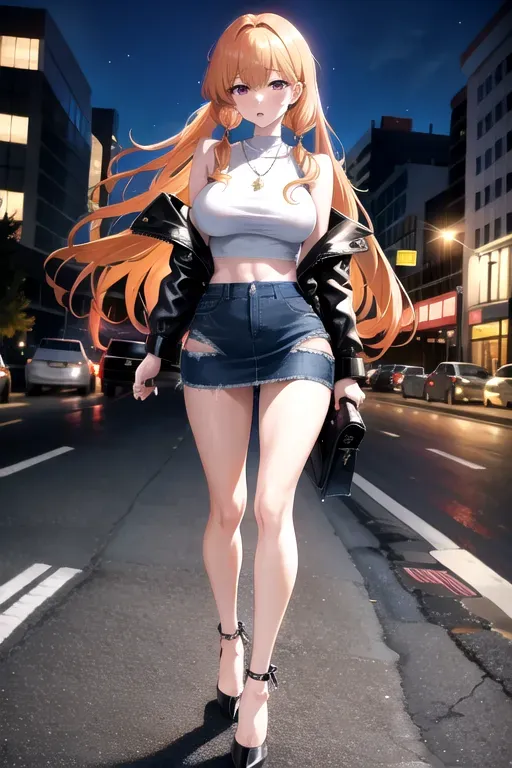 full body, strawberry blonde hair, hazel eyes, short girl, denim miniskirt, black high heels, looking at viewer, long hair, pale skin, silver necklace, black crop top, 24 years old, giant breasts, cute face, pov, wavy hair, city environment, Oklahoma City, wide eyes, erotic, skirt tug, leather jacket, nighttime, black backpack, slim body, low pigtails, running towards camera