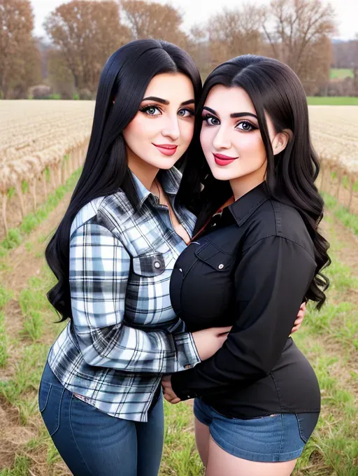 Two gorgeous young Albanian women hugging face to face, photo cute attractive young face, large wide doe eyes, light colored eyes, big plump lips, huge gigantic boobs, (gigantic tits), raven-black hair, sexy, thin, slim waist, farm outfit, tight flannel shirt, photorealistic, best quality, ultra high resolution