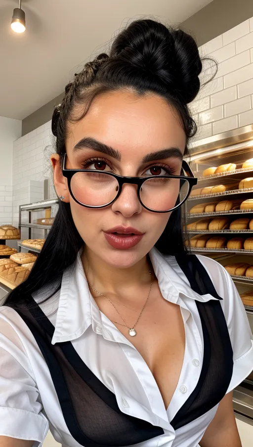 18 years old bakery shop lady, black curly hair in a bun, full lips, black metal frame round gasses on peak of nose, beautiful dark shining eyes, defined cheeks, defined jaw, small, thin chest, shy smile, nice teeth, high front angle camera view, sitting, flour, (((open shirt))), open mouth, licking pointing finger, leaning forward, teasing, cleavage