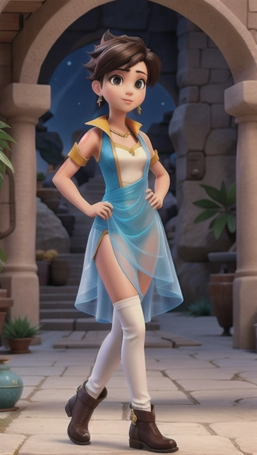 A high-quality photo of tracer from overwatch, coy posture, dressed as jasmine from Aladdin, silky see through