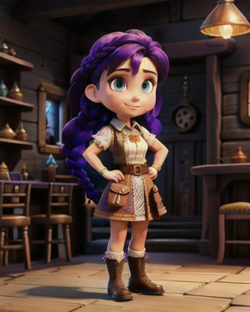 RPG fantasy style illustration of a confident and attractive, chubbier female character with purple hair styled in loose braids, pointed ears with wood gauges, sleeveless cream-colored blouse with low neckline, brown corset with shoulder straps, tattoo designs with colorful floral patterns mixed with skulls covering her arms, hands on her hips with brown leather bracers or gauntlets, and dirty leather boots, a mischievous grin, in a fantasy tavern setting