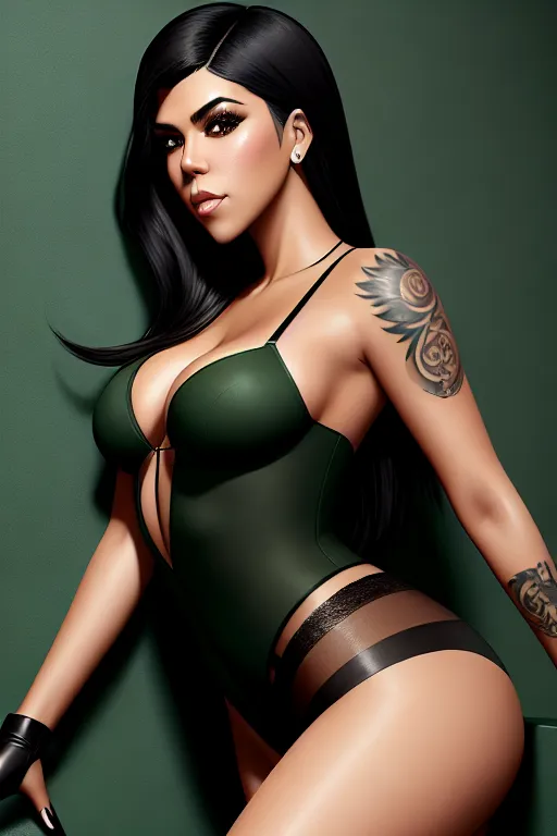 a digital painting of,kourtney kardashian,wearing stockings,leaning against the wall,in a dystopian future,five slender fingers,charming face,beautiful lips,green eyes,curved eyebrows,smooth skin,satisfaction,tattoo,pixiv,artstation,bokeh,studio lighting,8k