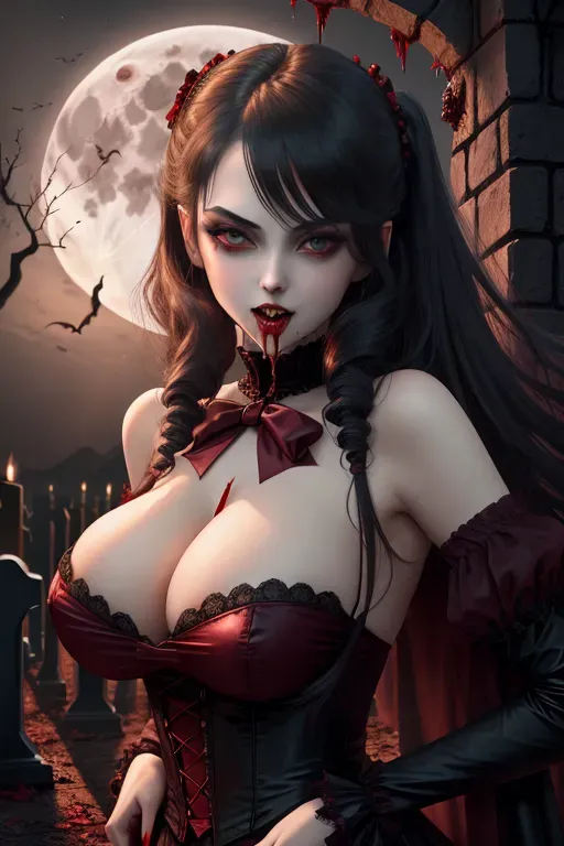 Sexy vampire girl, sucking blood, on human male neck, 1boy, full moon, graveyard, Victorian era, scary, gore, blood running down from mouth on boobs,