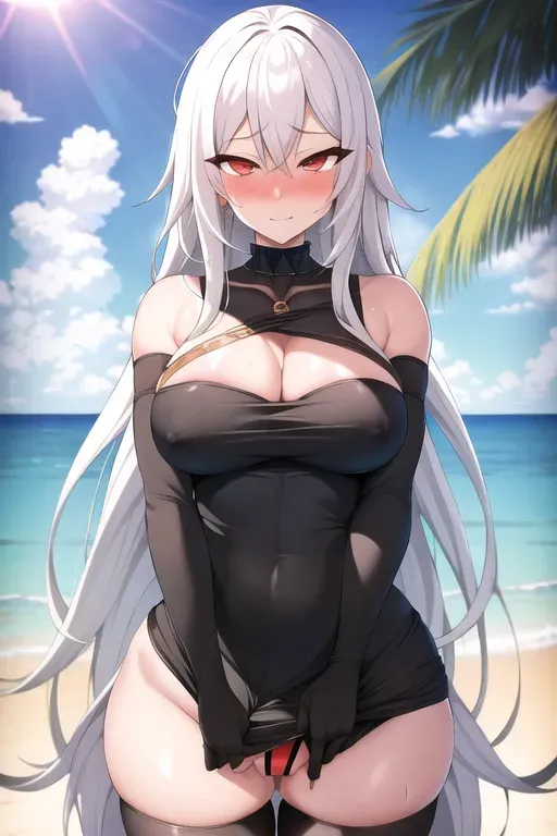 best quality, masterpiece, 1futa, 1boy, sex, nsfw, looking at viewer, beach background, sun, hypnotized eyes, long hair, white hair, big breasts, young female, blush, ahegao, embarrassed, naked, rolling eyes back, hypontized, (black top, black thong), female with dick, futa
