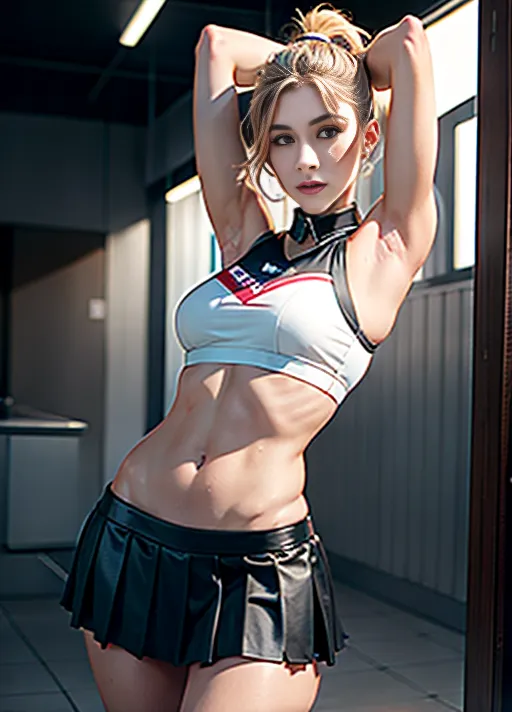Ultra HD resolution, best quality, digital professional photograph ((allison paige))(((accurate face))), (full front view), (view from head to toes),(full front view), (perky ample breasts), (wearing a cropped cheerleader top)(wearing cheerleader skirt)(wearing leather collar and shackles), ((in a brothel)), lustful, seductive, (worried), demanding, orgasm look, highly detailed eyes, perfect eyes, beautiful face, ((slender athletic build)), RAW color, canon lens, sharp focus, earrings, (depth of field:1.5),(photorealism:1.8), (masterpiece), (((long SLEEK Straight HIGH PONYTAIL CENTERED ON TOP hairstyle)(BLUNT)(BANGS))),(dominant aggressive standing pose), ((smirking facial expression))