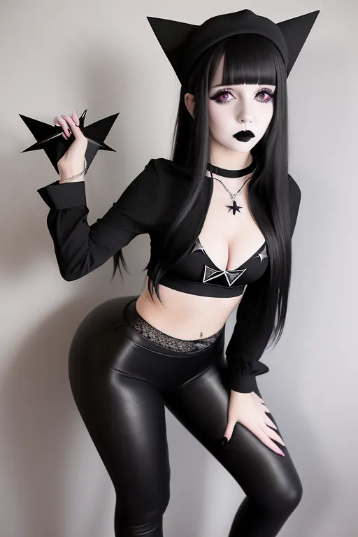 Young woman in her 20s, pretty face, annoyed expression, curvy body, flat tummy, wide hips, perfect breasts, Goth styled waitress uniform, goth make up, pentagram (five pointed star) necklace, perfect ass, sexy legs and bubble butt in sexy workout leggings, navel, belly button