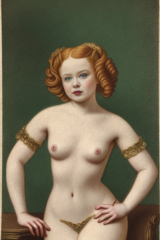 nicola coughlan from bridgerton, Regency era erotic portait, regency makeup, elegant, long curly hair, styled hair, light ginger hair, nude, medium breasts, small breasts, wide hips, thick thighs, soft body, slightly chubby, 20 years old, curvy, stocky
