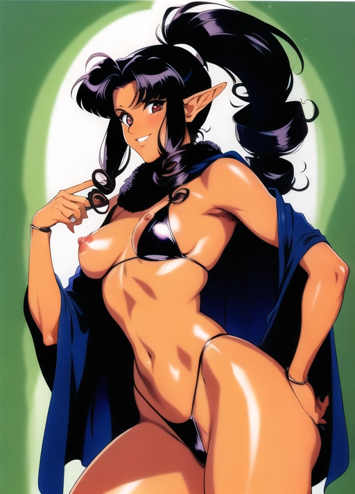 (nsfw), (((90s anime art style))),(masterpiece), absurdres, smooth, soft lines, soft edges, perfect edges, (soft lighting), (soft glow), perfect anatomy, detailed background, hair with great details, perfect eyes, perfect face, (looking at viewer),
lip gloss, smiling, ((flushed cheeks)), erotic, sensual, forest background, hand on hip
((curly black hair)), pubic hair, ponytail, thick thighs, wide hips, nude , ((dark skin)), ((extremely dark skin color)), tall slim build, small breasts, open front skirt, cloak around shoulders, elf woman,